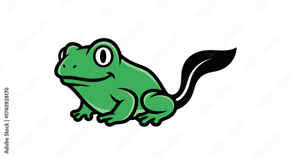 Obraz premium Stylized green frog with large eyes, black tail, and black outlines against white background