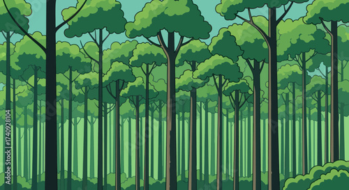 Cartoon illustration depicts a dense forest with trees of various heights and shades of green