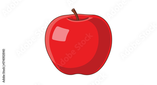 A vibrant cartoon apple, rendered in bright red with a dark brown stem, on a white background