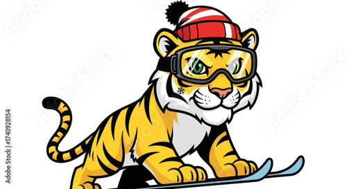 Cartoon tiger on skis with a red and white hat, wearing goggles. Ready for winter fun