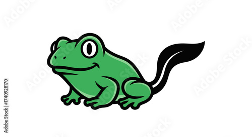 Stylized green frog with large eyes, black tail, and black outlines against white background