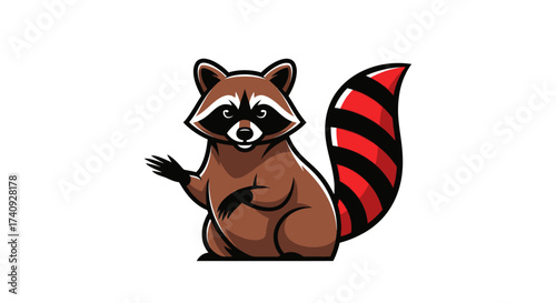 Cartoon raccoon illustration with a brown body, black mask and black and red striped tail, white background
