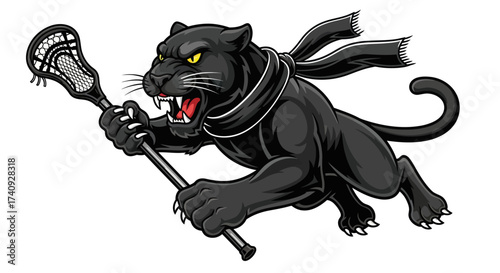 A snarling black panther, stylized, grasping a lacrosse stick, wearing a scarf, with sharp claws
