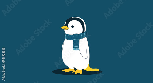 A cartoon penguin with a blue scarf stands on a dark oval shadow against a teal background