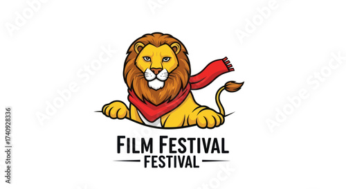 Cartoon lion wearing a red scarf above "Film Festival" text on white