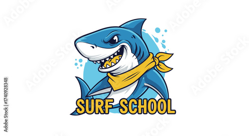 A cartoon shark with a yellow scarf grins. Text "SURF SCHOOL" beneath it. Water splashes