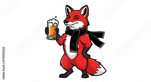 Cartoon red fox wearing a black scarf, holding a pint of beer with a frothy head