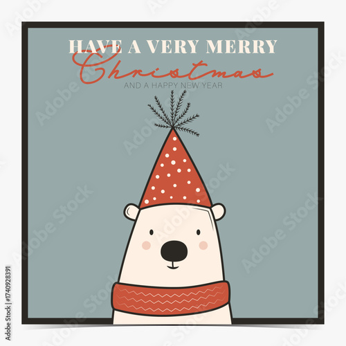 Merry Christmas, happy New Year - cute greeting card, postcard, invitation with an adorable white polar bear on a blue background, vector illustration