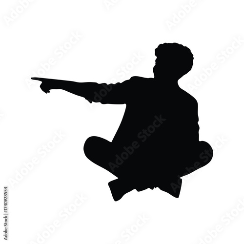 A silhouette of a person sitting cross-legged, turning and pointing their arm and finger outwards to the side. Conveys concepts of giving directions, indicating a location, or showing someone the way.