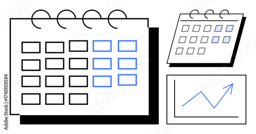 Calendar with spiral binding, marked dates, and a graph with an upward trend line. Ideal for planning, scheduling, time management, organization, goal-setting growth data tracking. Simple flat