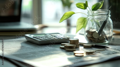 Office desk, coins, plant, calculator, newspaper, finance, growth, savings