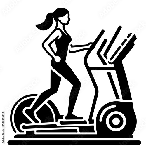 Silhouette of a woman using an elliptical machine for exercise and fitness in a gym environment scene