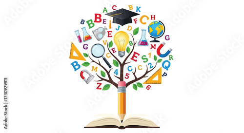 Vector illustration of tree of knowledge concept with pencil as trunk, open book as base, and educational symbols forming canopy