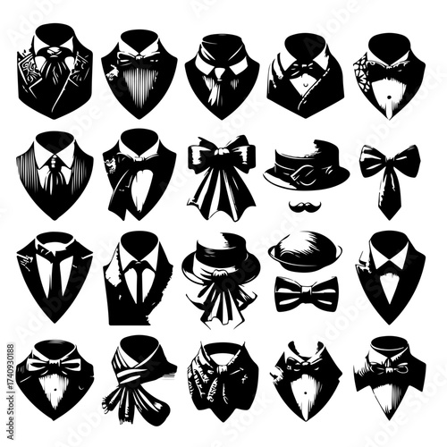 Collection of vintage formal wear including bowties ties hats and suits in black and white style