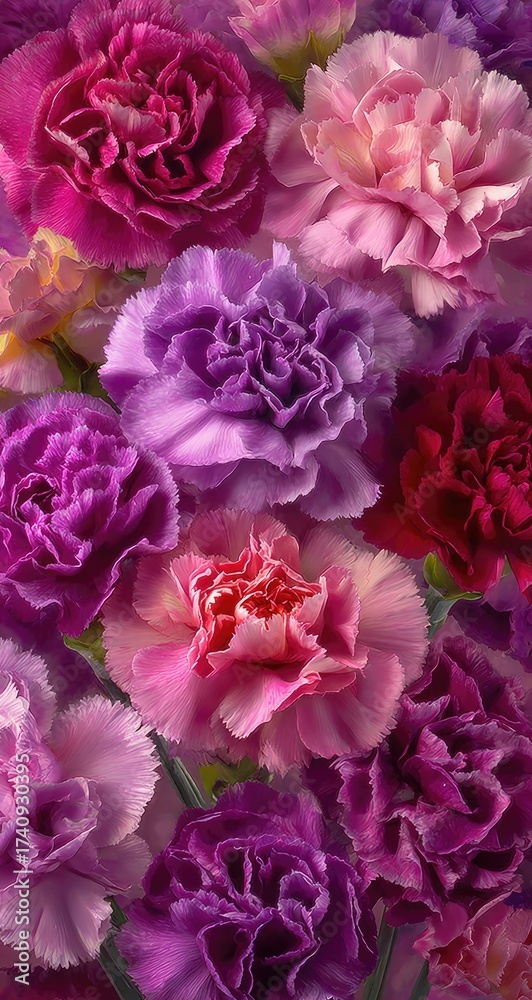 Naklejka premium Close-up of a bouquet of carnations in various shades of pink and purple