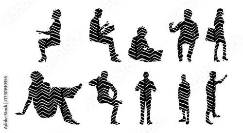 Vector illustration, Outline silhouettes of people, Contour drawing, people silhouette, Icon Set Isolated , Silhouette of sitting people, Architectural set