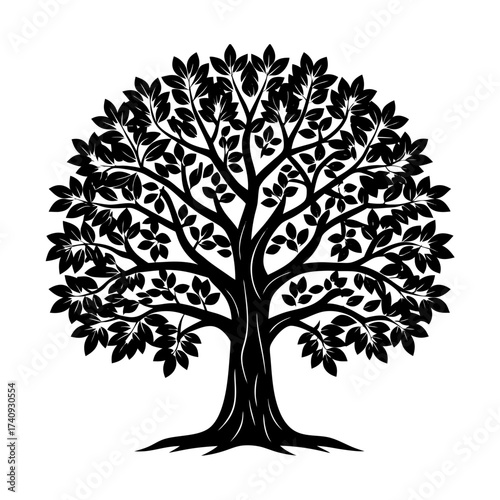 Vector art of a silhouette of a tree with a full crown of leaves, , showcasing its intricate branches and foliage in stark contrast