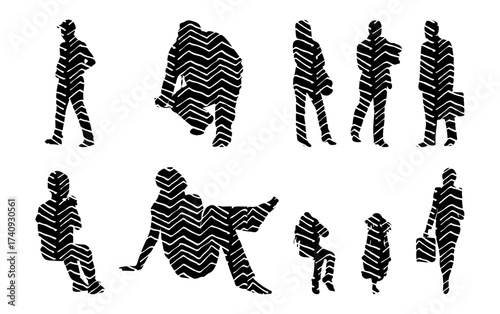 Vector illustration, Outline silhouettes of people, Contour drawing, people silhouette, Icon Set Isolated , Silhouette of sitting people, Architectural set