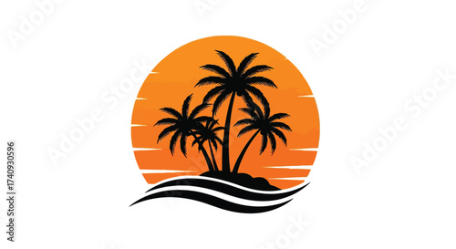 Vector illustration of tropical sunset scene with silhouette of palm trees on an island with waves