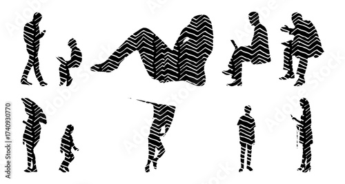 Vector illustration, Outline silhouettes of people, Contour drawing, people silhouette, Icon Set Isolated , Silhouette of sitting people, Architectural set