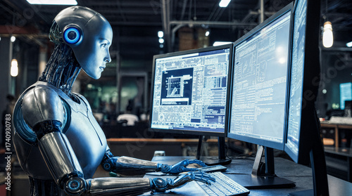 Enhanced_Futuristic Humanoid Robot Working on 3D Engineering Design with Holographic Interface in High-Tech Laboratory II
