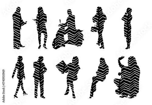 Vector illustration, Outline silhouettes of people, Contour drawing, people silhouette, Icon Set Isolated , Silhouette of sitting people, Architectural set