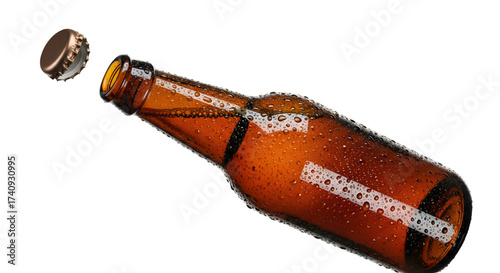 Amber Glass Beer Bottle with Cap Removed and Water Droplets