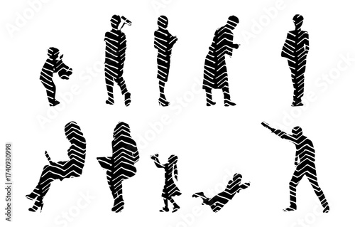 Vector illustration, Outline silhouettes of people, Contour drawing, people silhouette, Icon Set Isolated , Silhouette of sitting people, Architectural set