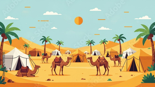 Camels resting near tents in desert oasis with palm trees under bright sun, creating peaceful and serene travel destination.