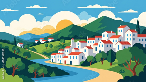 Quaint village nestled in rolling hills beside a winding river under a bright, sunny sky evokes a sense of peaceful serenity and idyllic charm.