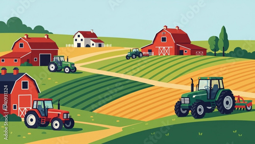 Tractors plowing fields near red barns in rural countryside landscape on a sunny day, showcasing agricultural activity and idyllic farm life.