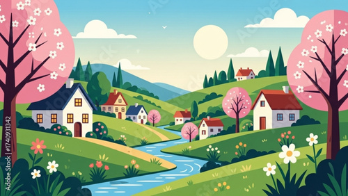 Quaint village nestled among rolling green hills with blooming cherry trees and a winding river on a bright spring day, creating a peaceful scene.