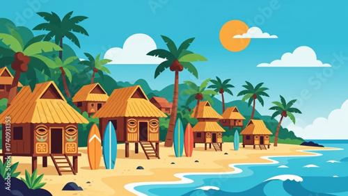 Tropical beach huts line the sandy shore under a bright sun, creating a peaceful island getaway with surfboards ready for adventure.