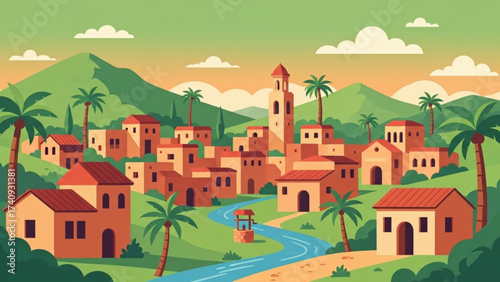 Peaceful village nestled in a valley with a river flowing through, surrounded by green mountains and palm trees under a bright sky, creating a serene atmosphere.
