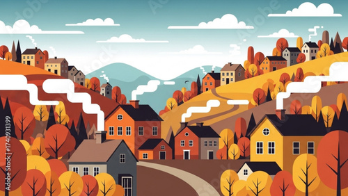 Autumn village nestled among rolling hills displays vibrant fall foliage with cozy homes and gentle smoke rising from chimneys, creating a serene and picturesque scene.