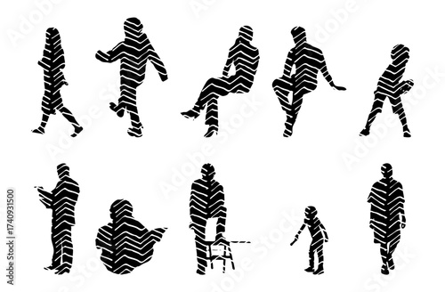 Vector illustration, Outline silhouettes of people, Contour drawing, people silhouette, Icon Set Isolated , Silhouette of sitting people, Architectural set
