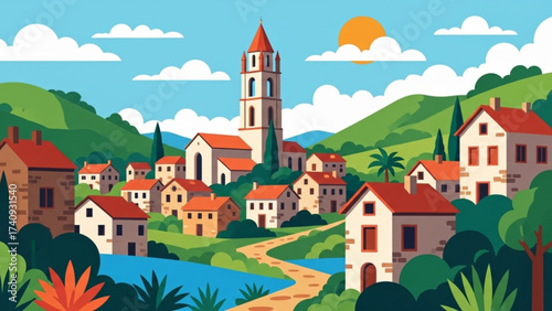 Quaint village nestled among rolling green hills under a bright sun, showcasing traditional architecture and peaceful rural atmosphere.