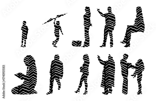 Vector illustration, Outline silhouettes of people, Contour drawing, people silhouette, Icon Set Isolated , Silhouette of sitting people, Architectural set