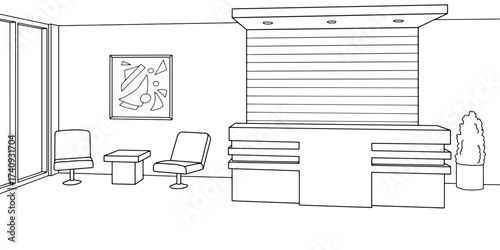 Reception in the office room graphic black white interior sketch illustration vector 