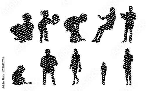 Vector illustration, Outline silhouettes of people, Contour drawing, people silhouette, Icon Set Isolated , Silhouette of sitting people, Architectural set