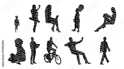 Vector illustration, Outline silhouettes of people, Contour drawing, people silhouette, Icon Set Isolated , Silhouette of sitting people, Architectural set