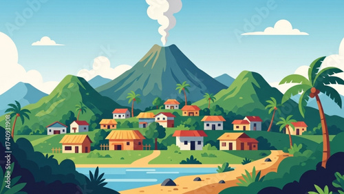 Quaint village nestles at the foot of a majestic volcano, smoke gently rising into the clear blue sky, evoking a sense of peaceful tropical serenity.