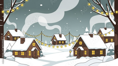 Snowy village houses glow warmly under string lights amidst a winter forest landscape, creating a cozy and festive Christmas atmosphere.