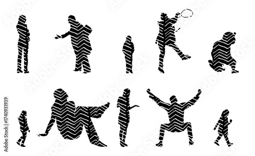 Vector illustration, Outline silhouettes of people, Contour drawing, people silhouette, Icon Set Isolated , Silhouette of sitting people, Architectural set