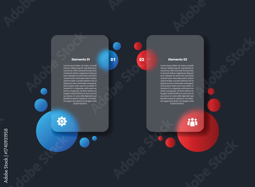 2 points infographic with glassmorphism style with vertical rectangle box with big and small fluid circle comparison with 2 elements