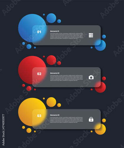 3 points infographic with glassmorphism style with round rectangle and big circle small combination fluid spreading with 3 elements