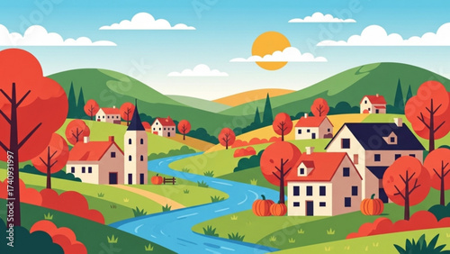 Autumnal village nestled in rolling hills with river flowing through, showcasing vibrant fall colors and peaceful rural scenery in a serene atmosphere.