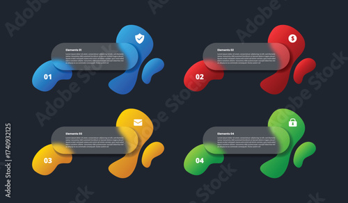 4 points infographic with glassmorphism style with fluid blob liquid shape with 4 elements