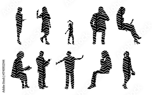 Vector illustration, Outline silhouettes of people, Contour drawing, people silhouette, Icon Set Isolated , Silhouette of sitting people, Architectural set