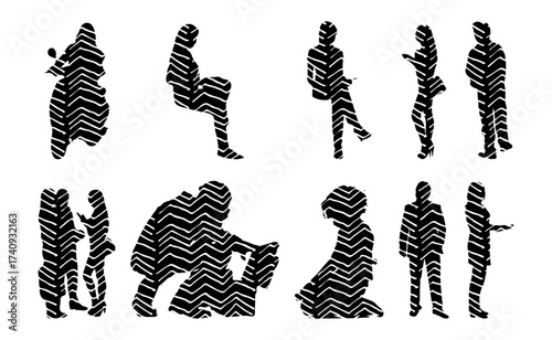 Vector illustration, Outline silhouettes of people, Contour drawing, people silhouette, Icon Set Isolated , Silhouette of sitting people, Architectural set